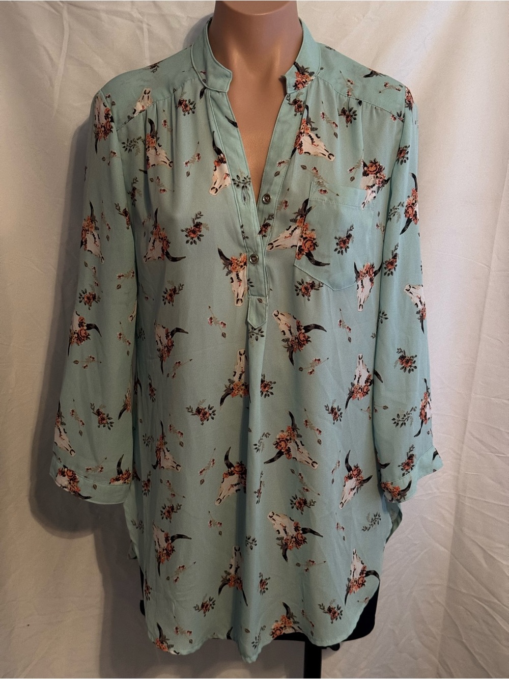 Pretty Turquoise Floral & Steer Skull Print Sheer Tunic Top